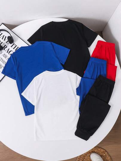 SHEIN 6 قطع مجموعة قميص وبنطلون رياضي بطبعات جرافيك للأولاد المراهقين، أنيق وكاجوال، مناسب للصيف والرياضة والمدرسة والعطلات