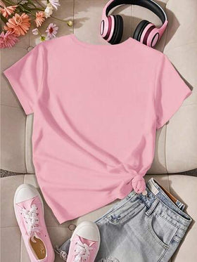 SHEIN بلوزة قصيرة الأكمام بياقة مستديرة للفتيات المراهقات باللون الوردي، تي شيرت جرافيك عصري مريح وبسيط، تصميم كرتوني إبداعي ومضحك، بطراز K-POP