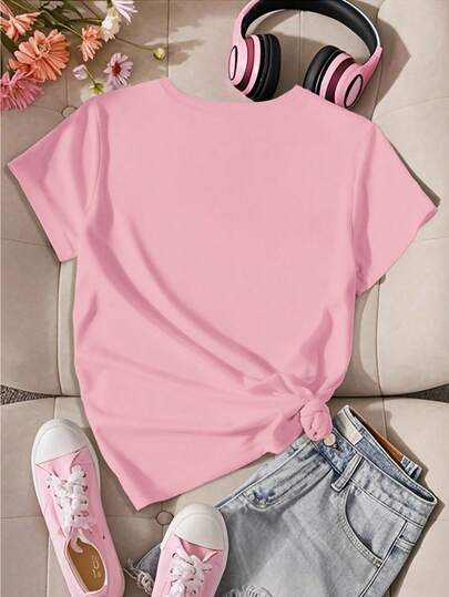 SHEIN بلوزة قصيرة الأكمام بياقة مستديرة للفتيات المراهقات باللون الوردي، تي شيرت جرافيك عصري مريح وبسيط، تصميم كرتوني إبداعي ومضحك، بطراز K-POP