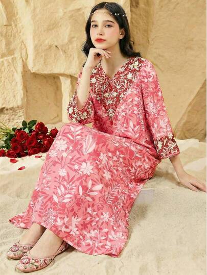 SHEIN طباعة زهرية حلوة، جلابية فتاة مسلمة جميلة، فستان بنات مراهقات بسيط وعصري مناسب للربيع والصيف، عباءة صلاة، راحة وسهولة، ملابس كاجوال، أجواء العطلات، كفتان متواضع، جلابية، ملابس كاجوال، ملابس ربيع وصيف، طراز جديد، موضة ربيع وصيف