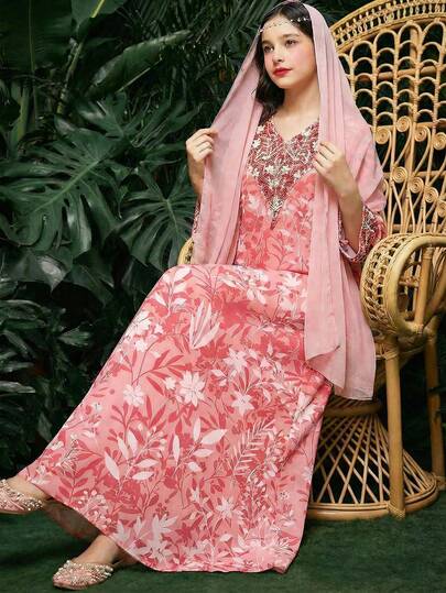 SHEIN طباعة زهرية حلوة، جلابية فتاة مسلمة جميلة، فستان بنات مراهقات بسيط وعصري مناسب للربيع والصيف، عباءة صلاة، راحة وسهولة، ملابس كاجوال، أجواء العطلات، كفتان متواضع، جلابية، ملابس كاجوال، ملابس ربيع وصيف، طراز جديد، موضة ربيع وصيف
