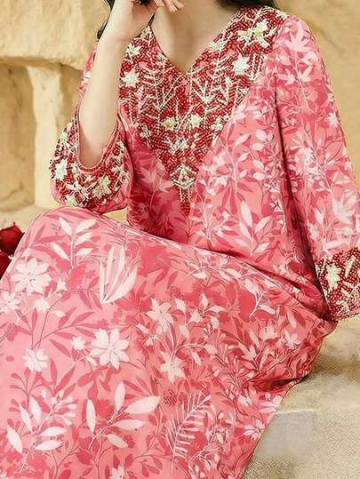 SHEIN طباعة زهرية حلوة، جلابية فتاة مسلمة جميلة، فستان بنات مراهقات بسيط وعصري مناسب للربيع والصيف، عباءة صلاة، راحة وسهولة، ملابس كاجوال، أجواء العطلات، كفتان متواضع، جلابية، ملابس كاجوال، ملابس ربيع وصيف، طراز جديد، موضة ربيع وصيف