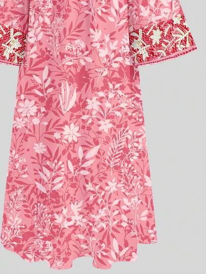 SHEIN طباعة زهرية حلوة، جلابية فتاة مسلمة جميلة، فستان بنات مراهقات بسيط وعصري مناسب للربيع والصيف، عباءة صلاة، راحة وسهولة، ملابس كاجوال، أجواء العطلات، كفتان متواضع، جلابية، ملابس كاجوال، ملابس ربيع وصيف، طراز جديد، موضة ربيع وصيف