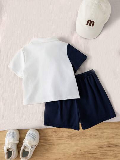 SHEIN مجموعة قميص بولو أكمام قصيرة وشورت للأطفال الصغار، ملابس أولاد الربيع/الصيف، مجموعتان