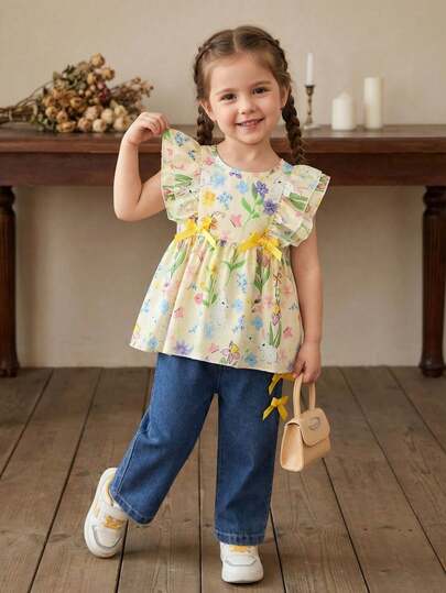 SHEIN Vintaside Kids مجموعة ملابس علوية كاجوال للبنات (صغير) للربيع/الصيف الجديدة، طباعة رقمية بشكل أرنب جميل، زخرفة فراشة 3D أمامية باللون الأصفر، ملابس علوية علوي بتصميم كشكش وياقة، مقترن مع فراشة 3D صفراء، بنطلون جينز كاجوال أزرق، مناسب للارتداء اليومي
