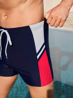 Manfinity Swimmode سراويل السباحة الرجالية الكاجوال ذات الطباعة بألوان متباينة، سراويل السباحة الرجالية، سراويل السباحة الرجالية باللون الأحمر والأبيض والأزرق