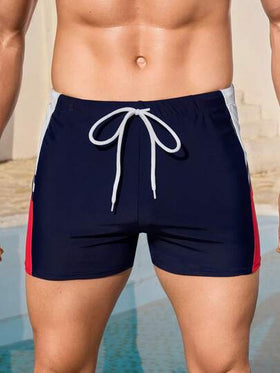 Manfinity Swimmode سراويل السباحة الرجالية الكاجوال ذات الطباعة بألوان متباينة، سراويل السباحة الرجالية، سراويل السباحة الرجالية باللون الأحمر والأبيض والأزرق