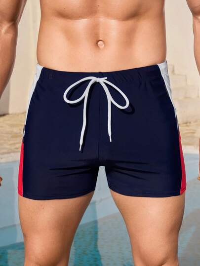 Manfinity Swimmode سراويل السباحة الرجالية الكاجوال ذات الطباعة بألوان متباينة، سراويل السباحة الرجالية، سراويل السباحة الرجالية باللون الأحمر والأبيض والأزرق