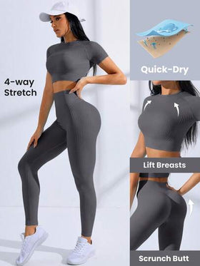 Gameset SHEIN Sport بدلة رياضية نسائية من قطعتين (توب وبنطلون) ذات لون أحادي مصنوعة من قماش مرن وناعم، بأكمام قصيرة، مناسبة للتمارين الرياضية والتدريبات