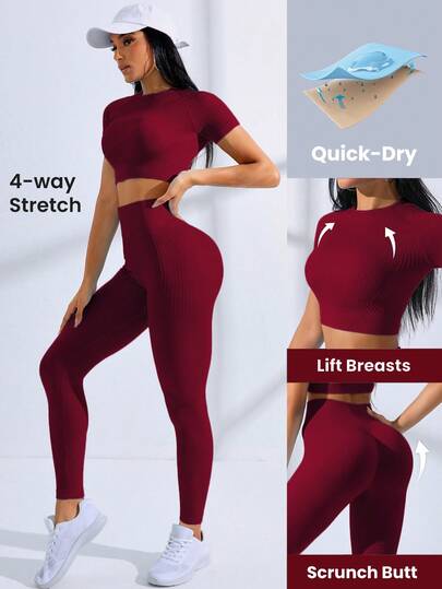 SHEIN Core Rhythm طقم رياضي للنساء يتكون من ملابس علوية قصيرة الأكمام وبنطال طويل عالي الخصر، قطعتان مصنوعتان من قماش مرن لا يترك خطوط، مناسب للتمارين الرياضية والنشاطات الرياضية