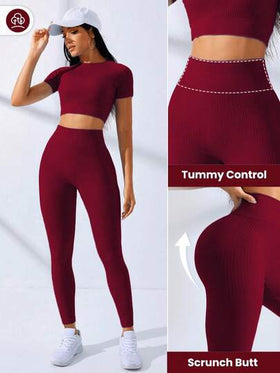 SHEIN Core Rhythm طقم رياضي للنساء يتكون من ملابس علوية قصيرة الأكمام وبنطال طويل عالي الخصر، قطعتان مصنوعتان من قماش مرن لا يترك خطوط، مناسب للتمارين الرياضية والنشاطات الرياضية