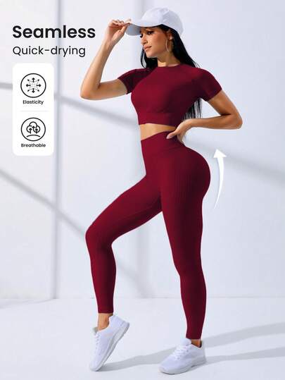 SHEIN Core Rhythm طقم رياضي للنساء يتكون من ملابس علوية قصيرة الأكمام وبنطال طويل عالي الخصر، قطعتان مصنوعتان من قماش مرن لا يترك خطوط، مناسب للتمارين الرياضية والنشاطات الرياضية