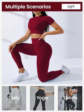 SHEIN Core Rhythm طقم رياضي للنساء يتكون من ملابس علوية قصيرة الأكمام وبنطال طويل عالي الخصر، قطعتان مصنوعتان من قماش مرن لا يترك خطوط، مناسب للتمارين الرياضية والنشاطات الرياضية