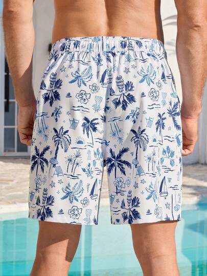 Manfinity Swimmode شورت كاجوال للرجال بطبعة استوائية وخصر بسحاب وجيوب مائلة فضفاض للشاطئ، صيفي