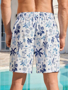 Manfinity Swimmode شورت كاجوال للرجال بطبعة استوائية وخصر بسحاب وجيوب مائلة فضفاض للشاطئ، صيفي