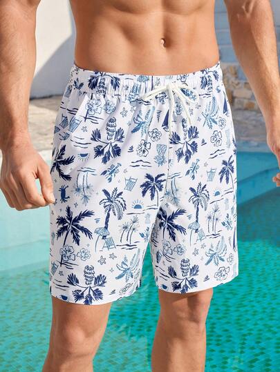 Manfinity Swimmode شورت كاجوال للرجال بطبعة استوائية وخصر بسحاب وجيوب مائلة فضفاض للشاطئ، صيفي