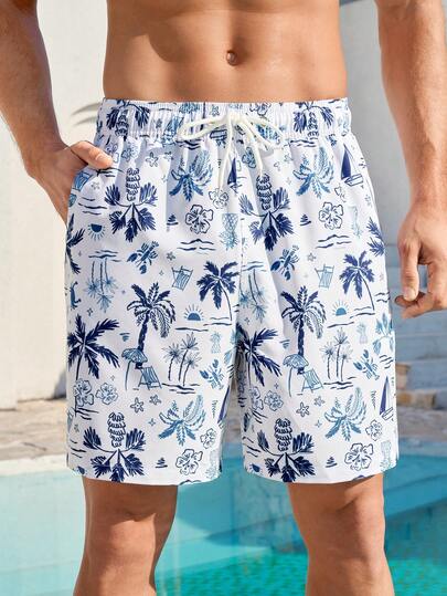 Manfinity Swimmode شورت كاجوال للرجال بطبعة استوائية وخصر بسحاب وجيوب مائلة فضفاض للشاطئ، صيفي