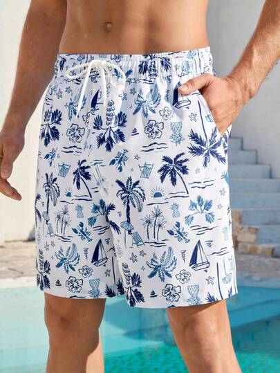 Manfinity Swimmode شورت كاجوال للرجال بطبعة استوائية وخصر بسحاب وجيوب مائلة فضفاض للشاطئ، صيفي