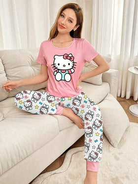 Sanrio طقم بيجامة سانريو هالو كيتي للنساء، يشمل بنطال بسحاب وأعلى بأكمام قصيرة، مناسب للربيع/الصيف