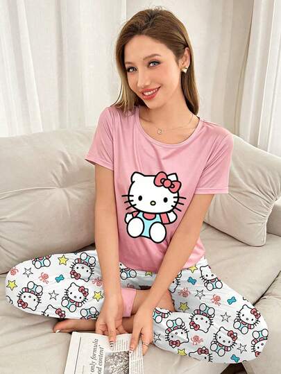 Sanrio طقم بيجامة سانريو هالو كيتي للنساء، يشمل بنطال بسحاب وأعلى بأكمام قصيرة، مناسب للربيع/الصيف