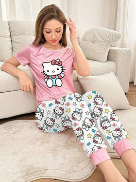 Sanrio طقم بيجامة سانريو هالو كيتي للنساء، يشمل بنطال بسحاب وأعلى بأكمام قصيرة، مناسب للربيع/الصيف