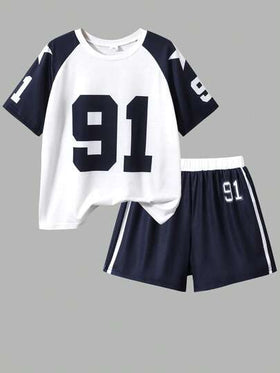 SHEIN ChillGRL مجموعة قميص وشورت بأكمام قصيرة بطبعة نجمة "91" وألوان متباينة، أسلوب رياضي كاجوال، مناسبة للخارج والرياضة والمدرسة والصيف، قطعتان