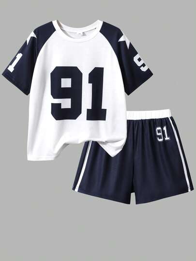 SHEIN ChillGRL مجموعة قميص وشورت بأكمام قصيرة بطبعة نجمة "91" وألوان متباينة، أسلوب رياضي كاجوال، مناسبة للخارج والرياضة والمدرسة والصيف، قطعتان