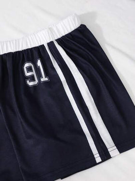SHEIN ChillGRL مجموعة قميص وشورت بأكمام قصيرة بطبعة نجمة "91" وألوان متباينة، أسلوب رياضي كاجوال، مناسبة للخارج والرياضة والمدرسة والصيف، قطعتان