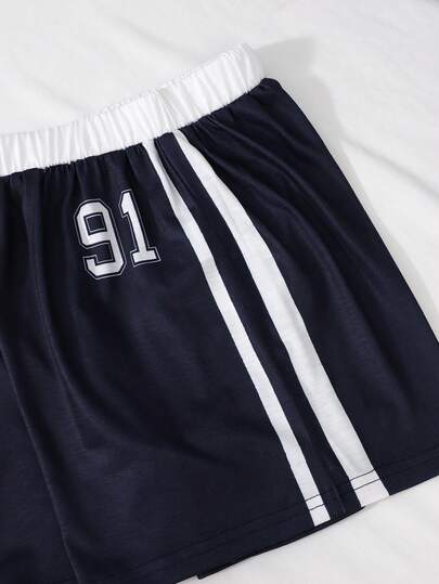 SHEIN ChillGRL مجموعة قميص وشورت بأكمام قصيرة بطبعة نجمة "91" وألوان متباينة، أسلوب رياضي كاجوال، مناسبة للخارج والرياضة والمدرسة والصيف، قطعتان