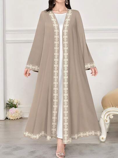 SHEIN Najma رمضان عباءة عربية كاجوال للنساء بأكمام طويلة وطباعة رقمية هندسية زهرية رجعية، للربيع والخريف