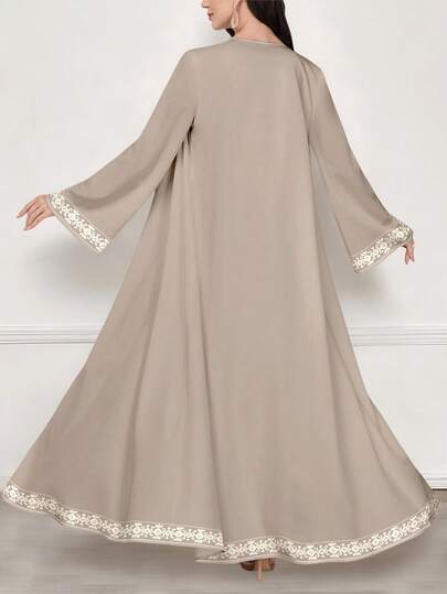 SHEIN Najma رمضان عباءة عربية كاجوال للنساء بأكمام طويلة وطباعة رقمية هندسية زهرية رجعية، للربيع والخريف