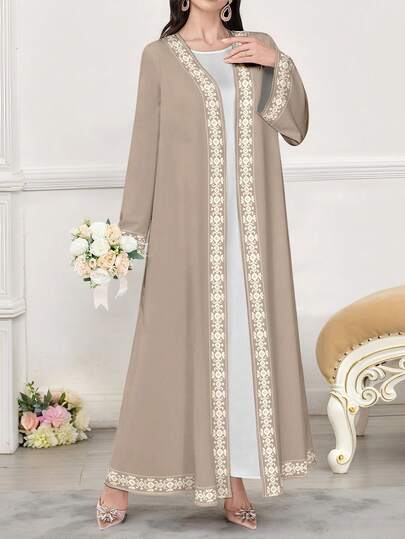 SHEIN Najma رمضان عباءة عربية كاجوال للنساء بأكمام طويلة وطباعة رقمية هندسية زهرية رجعية، للربيع والخريف