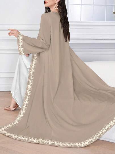 SHEIN Najma رمضان عباءة عربية كاجوال للنساء بأكمام طويلة وطباعة رقمية هندسية زهرية رجعية، للربيع والخريف