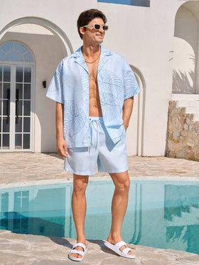 Manfinity Swimmode بنطلون كاجوال مرن الخصر فضفاض للشاطئ، صيفي