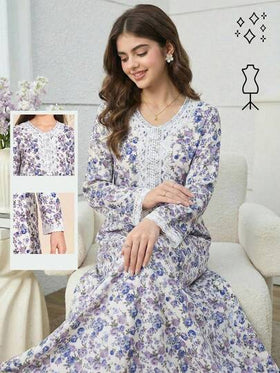 SHEIN فستان عباية تقليدي عربي للبنات في رمضان، بأكمام طويلة بطبعات زهور صغيرة، مناسب للمناسبات والاستخدام اليومي