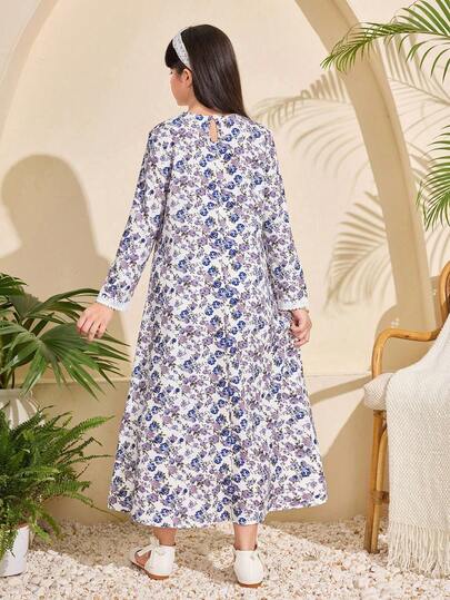 SHEIN فستان عباية تقليدي عربي للبنات في رمضان، بأكمام طويلة بطبعات زهور صغيرة، مناسب للمناسبات والاستخدام اليومي