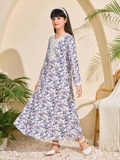SHEIN فستان عباية تقليدي عربي للبنات في رمضان، بأكمام طويلة بطبعات زهور صغيرة، مناسب للمناسبات والاستخدام اليومي