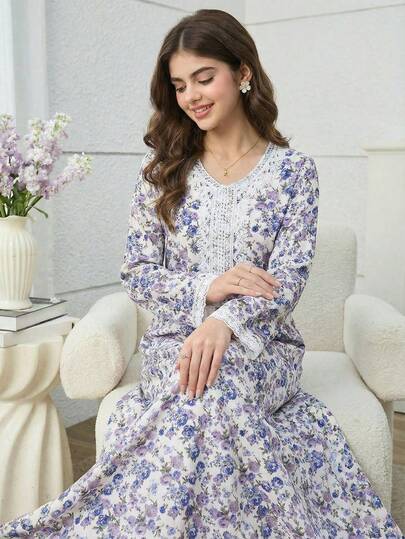 SHEIN فستان عباية تقليدي عربي للبنات في رمضان، بأكمام طويلة بطبعات زهور صغيرة، مناسب للمناسبات والاستخدام اليومي