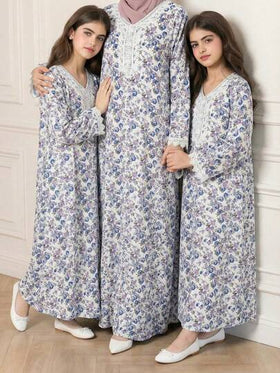SHEIN فستان عباية تقليدي عربي للبنات في رمضان، بأكمام طويلة بطبعات زهور صغيرة، مناسب للمناسبات والاستخدام اليومي