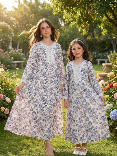 SHEIN فستان عباية تقليدي عربي للبنات في رمضان، بأكمام طويلة بطبعات زهور صغيرة، مناسب للمناسبات والاستخدام اليومي