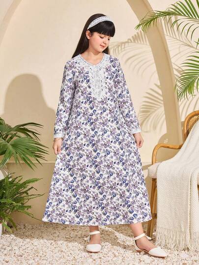 SHEIN فستان عباية تقليدي عربي للبنات في رمضان، بأكمام طويلة بطبعات زهور صغيرة، مناسب للمناسبات والاستخدام اليومي