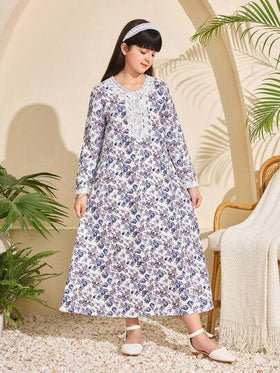 SHEIN فستان عباية تقليدي عربي للبنات في رمضان، بأكمام طويلة بطبعات زهور صغيرة، مناسب للمناسبات والاستخدام اليومي