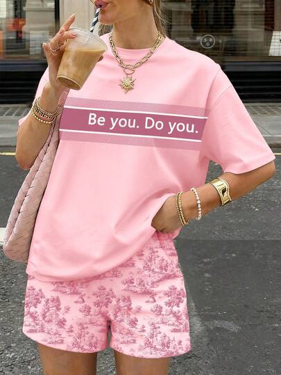 EMERY ROSE مجموعة ملابس علوية وشورت فضفاضة عادية للنساء 2 قطعة