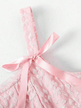 SHEIN Girlism فستان ميني أميرة للبنات المراهقات مزين بفيونكة، بحمالات سباغيتي وبنقشة جاكارد وردي، مناسب لفتاة الزهور، موسم الزفاف، عيد الحب، الحفلات، أعياد الميلاد، والمناسبات الربيعية الأخرى