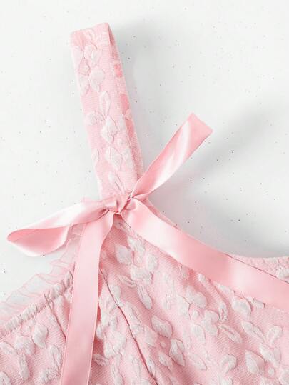 SHEIN Girlism فستان ميني أميرة للبنات المراهقات مزين بفيونكة، بحمالات سباغيتي وبنقشة جاكارد وردي، مناسب لفتاة الزهور، موسم الزفاف، عيد الحب، الحفلات، أعياد الميلاد، والمناسبات الربيعية الأخرى