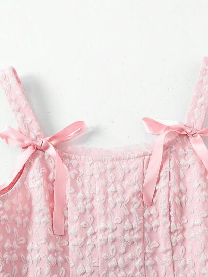 SHEIN Girlism فستان ميني أميرة للبنات المراهقات مزين بفيونكة، بحمالات سباغيتي وبنقشة جاكارد وردي، مناسب لفتاة الزهور، موسم الزفاف، عيد الحب، الحفلات، أعياد الميلاد، والمناسبات الربيعية الأخرى