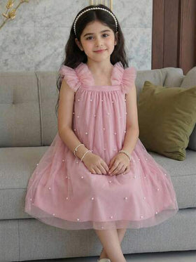 SHEIN فستان كاجوال للفتاة الصغيرة بياقة مربعة وتطريز خرزي وكشكشة على الذيل