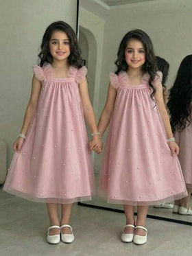 SHEIN فستان كاجوال للفتاة الصغيرة بياقة مربعة وتطريز خرزي وكشكشة على الذيل