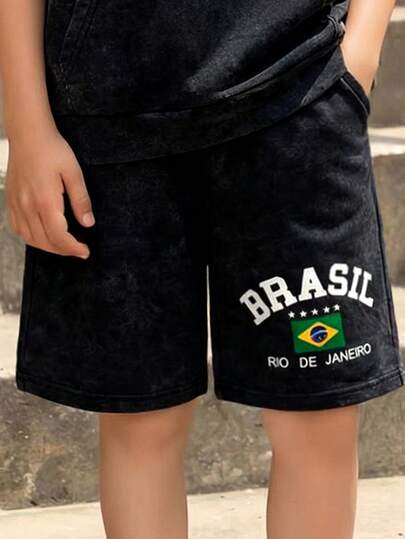 Vacaura طقم سترة مقنعة مطبوعة بطبعة البرازيل للأولاد، طقم ملابس رياضية كاجوال للشارع والصيف