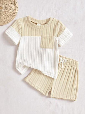 SHEIN Vintaside Kids مجموعة ملابس علوية ذو ألوان متباينة وبنطلون أزرق للأطفال/الأولاد الرضع، بدلة كاجوال مريحة متعددة الاستخدامات للصيف، قطعتان